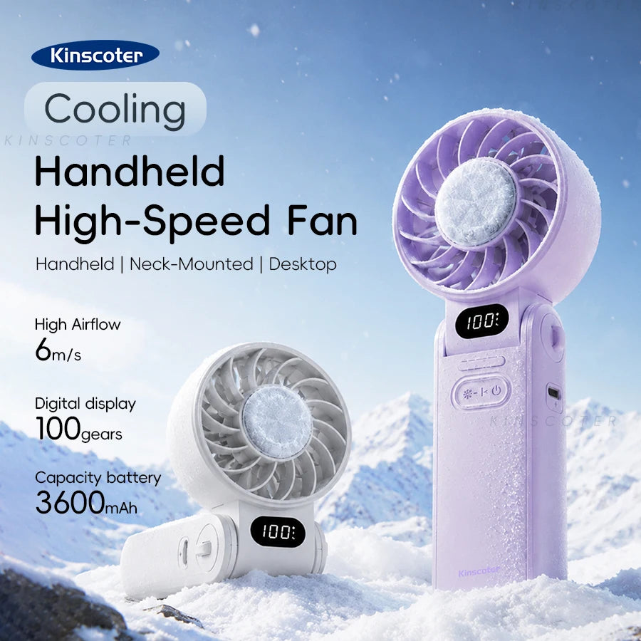 Kinscoter New Cooling Handheld Fan 3600mAh Foldable Portable Fan 100-level Free Control High Speed Mini Personal Fan w/ Lanyard